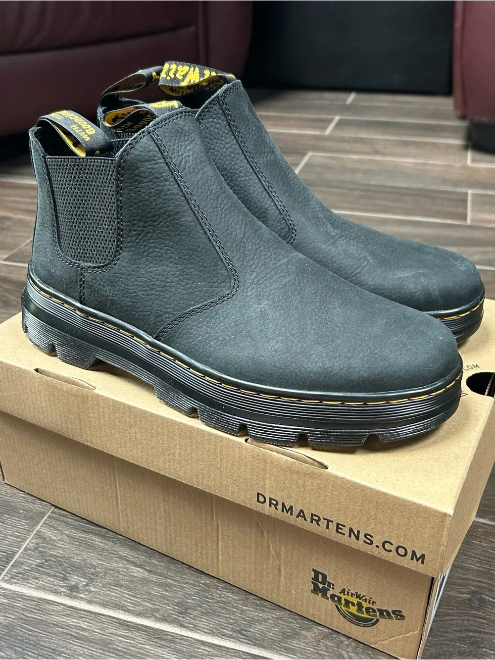 Dr. Martens Black Hardie II Boots with Yellow Stitching